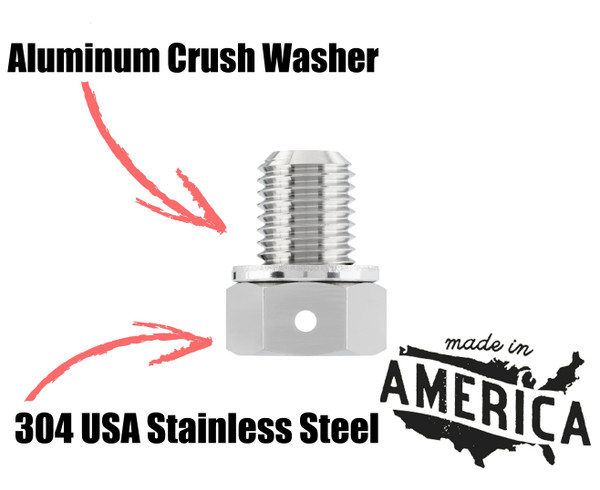 Votex Oil Drain Plugs are made in America with 304 stainless steel. Comes with an aluminum crush washer.